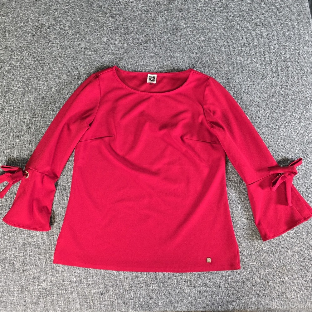 Anne Klein Womens Red Bell Sleeve Tie Cuff Blouse Top Size Small Classic